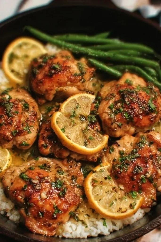 Lemon Garlic Butter Chicken Thighs garnished with herbs on a plate