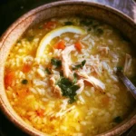 Bowl of Lemon Ginger Turmeric Chicken and Rice Soup with fresh ingredients