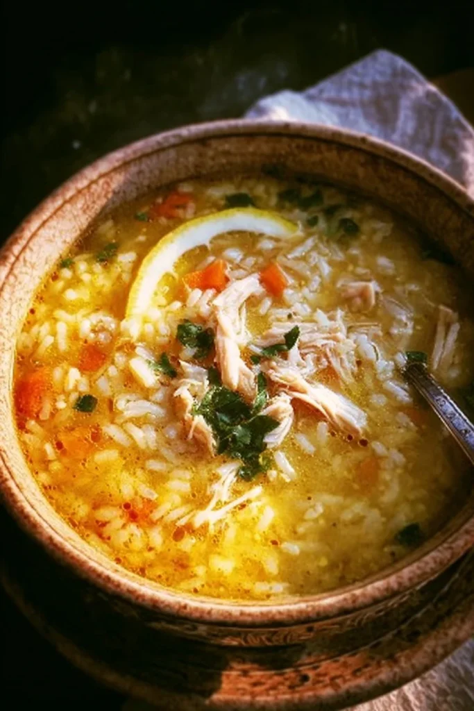 Bowl of Lemon Ginger Turmeric Chicken and Rice Soup with fresh ingredients