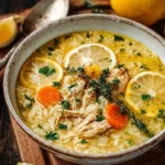 Bowl of Lemon Ginger Turmeric Chicken and Rice Soup garnished with herbs