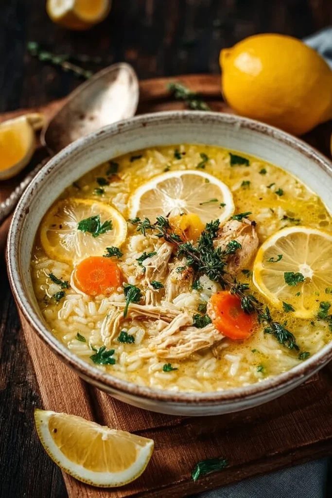 Bowl of Lemon Ginger Turmeric Chicken and Rice Soup garnished with herbs