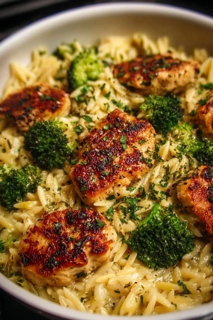 Lemon Pepper Chicken with Broccoli and Orzo served on a plate