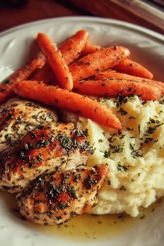 Plate of garlic herb chicken served with mashed potatoes and glazed carrots