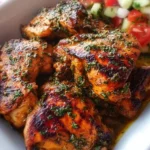 Juicy marinated chicken thighs with herbs and spices ready to be grilled.