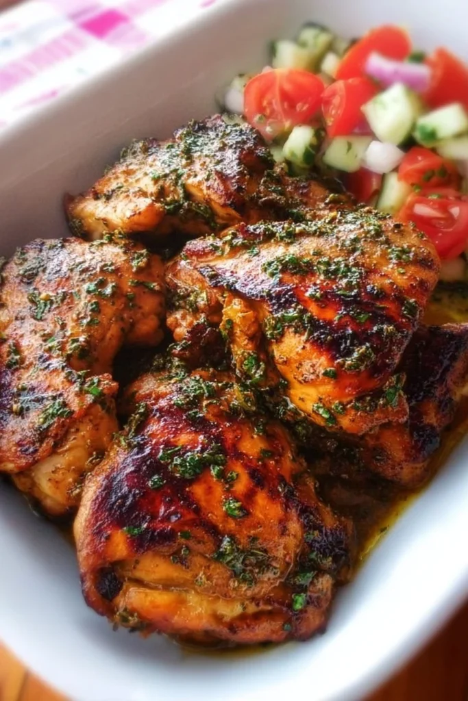 Juicy marinated chicken thighs with herbs and spices ready to be grilled.