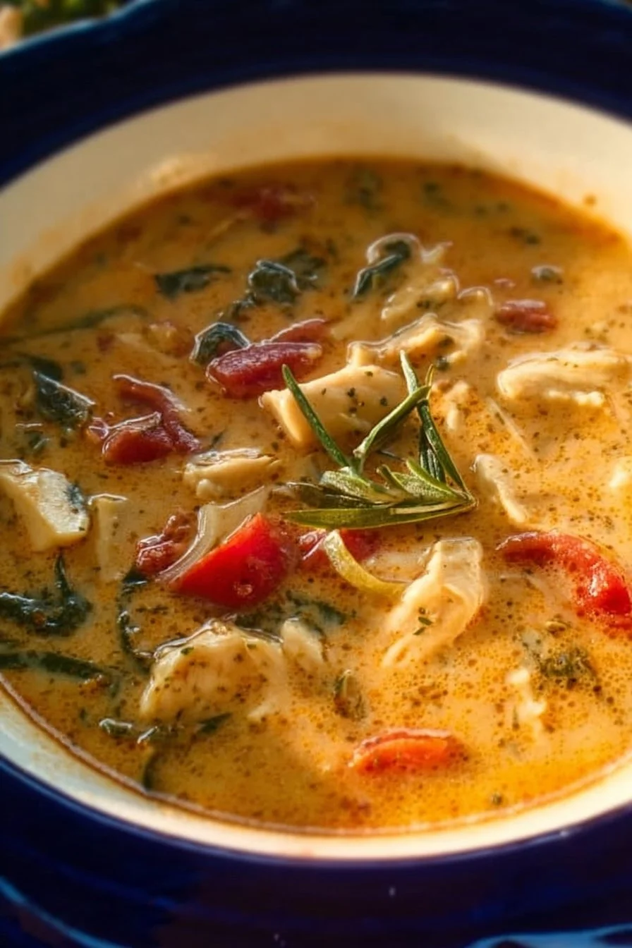 Bowl of Marry Me Tuscan Chicken Soup with fresh herbs and ingredients
