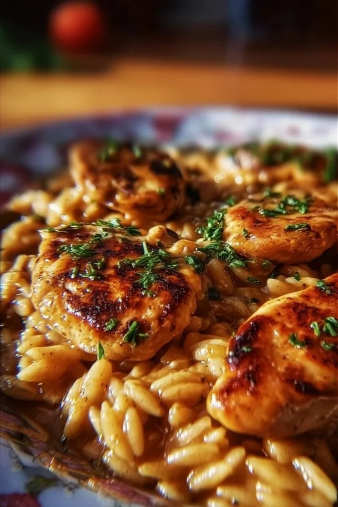 Plate of Marsala Chicken Orzo with garnishes and herbs