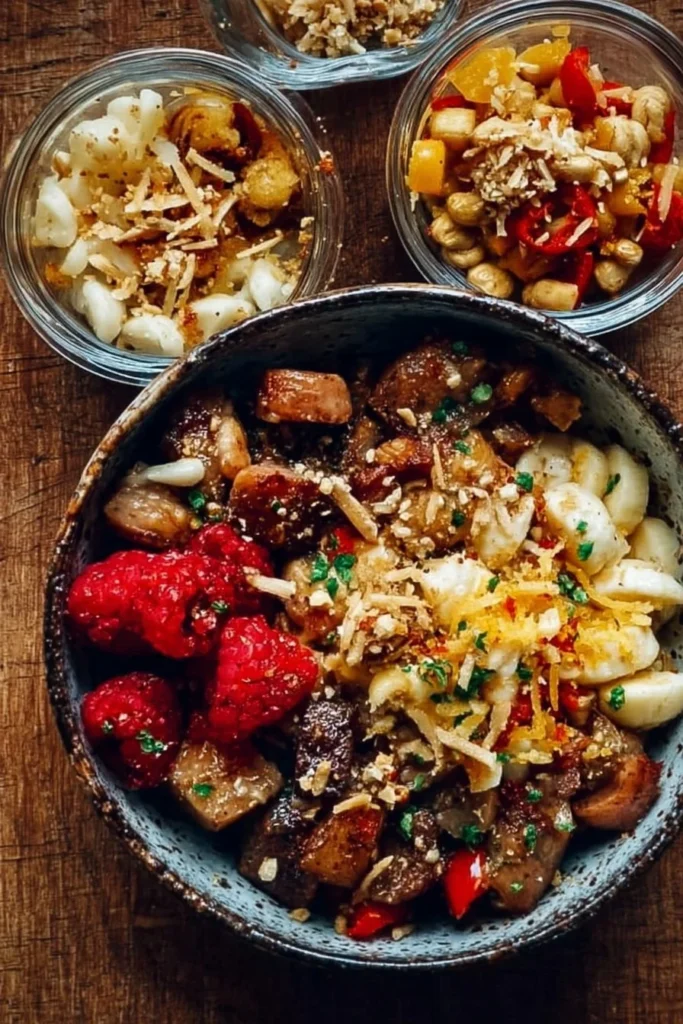Healthy meal prep breakfast bowls with fresh ingredients and toppings