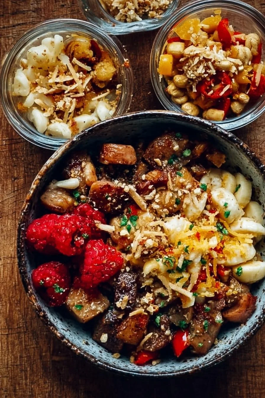 Healthy meal prep breakfast bowls with fresh ingredients and toppings