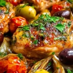 A mouthwatering Mediterranean chicken dish with vibrant vegetables and herbs.