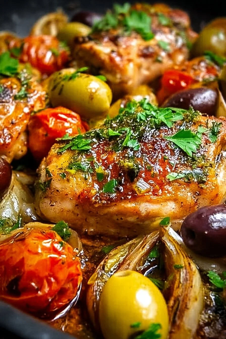 A mouthwatering Mediterranean chicken dish with vibrant vegetables and herbs.