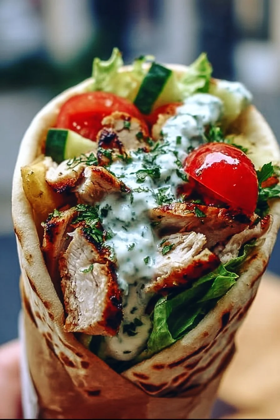 Plate of Mediterranean chicken gyros with fresh vegetables and sauce