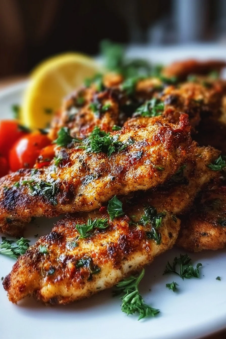 Delicious Mediterranean Chicken Tenders garnished with fresh herbs and vegetables.