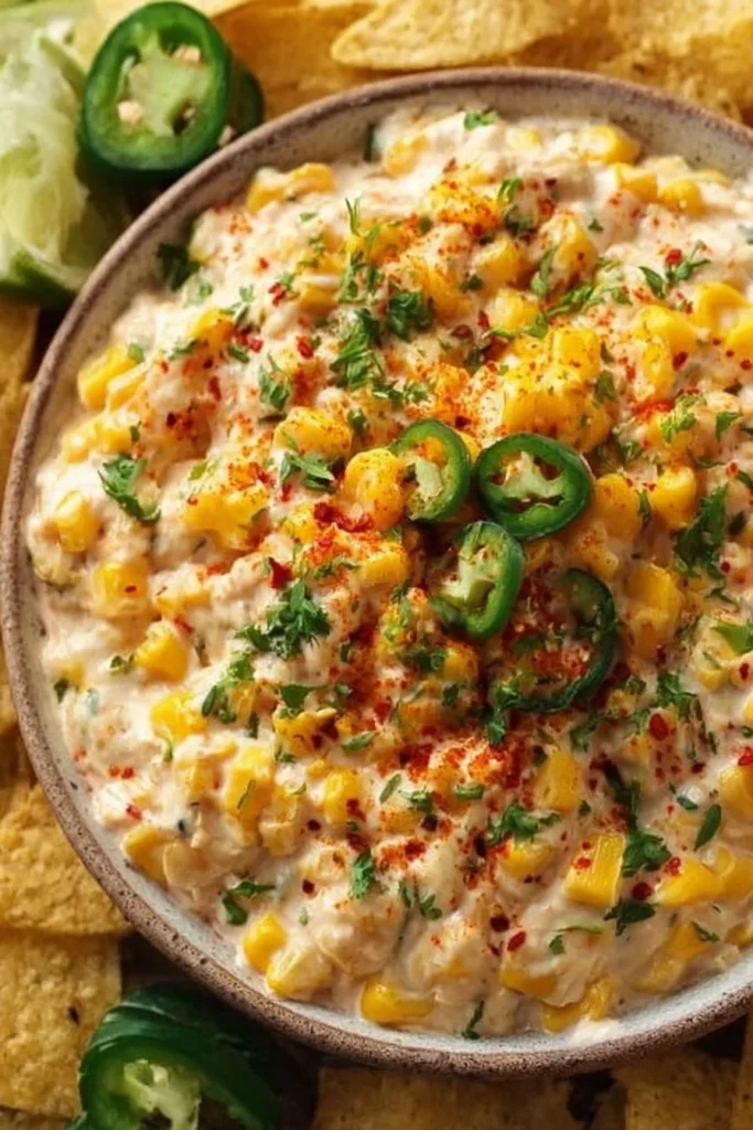 Creamy Mexican Street Corn Dip served with tortilla chips