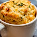 Delicious microwave cheddar and herb biscuit in a mug ready to enjoy.