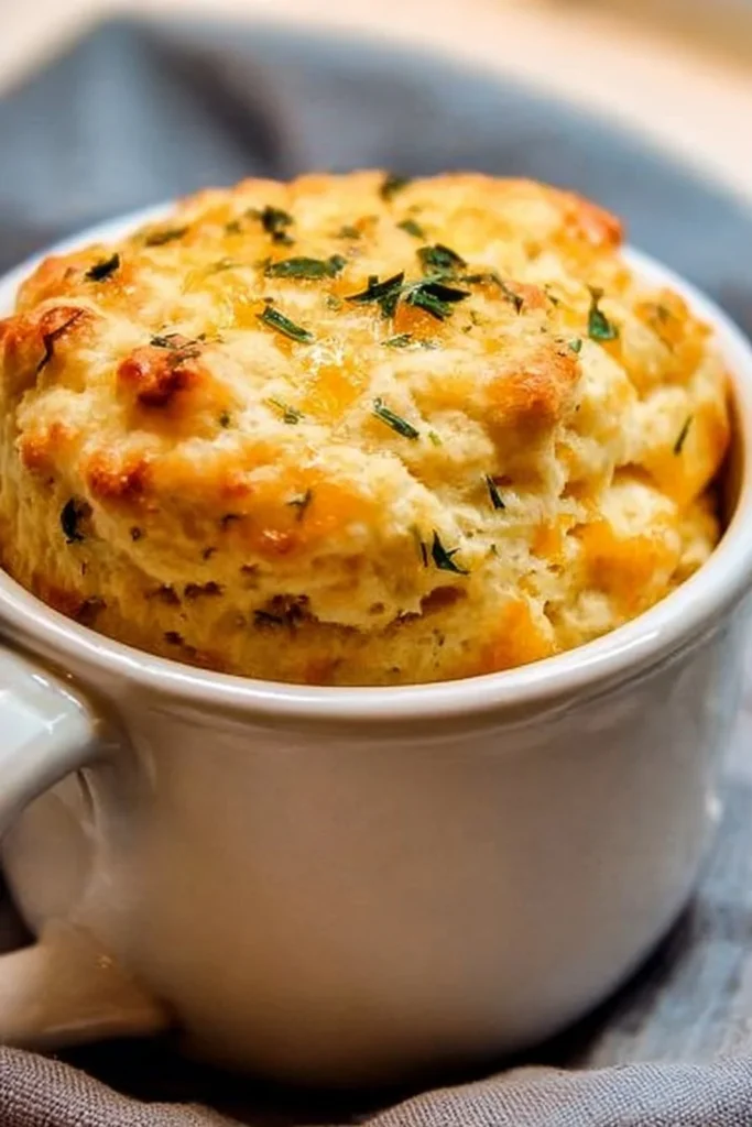 Delicious microwave cheddar and herb biscuit in a mug ready to enjoy.