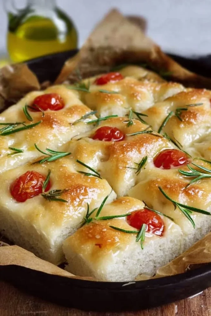 Delicious Mini No-Knead Focaccia bread topped with herbs and olive oil.