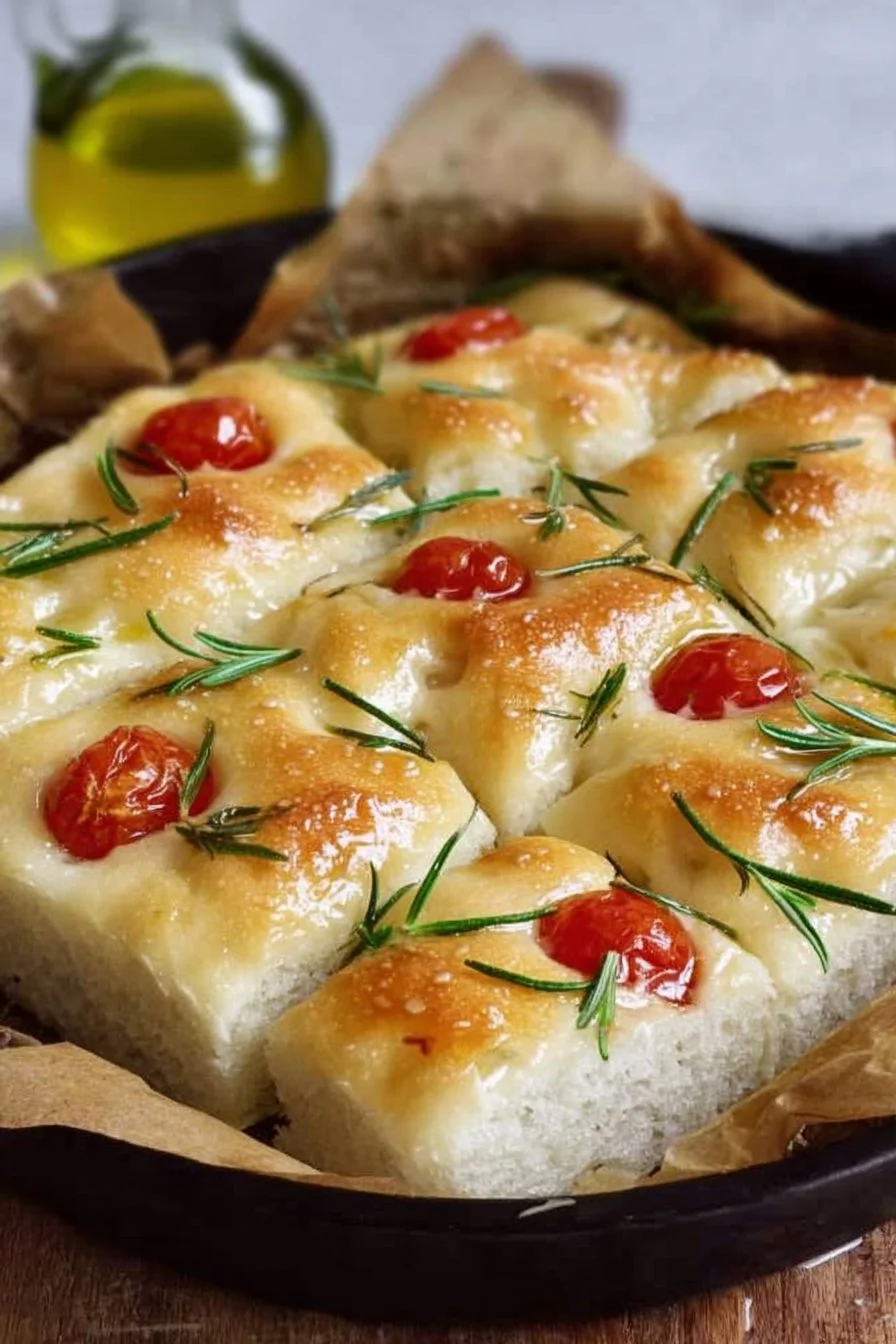 Delicious Mini No-Knead Focaccia bread topped with herbs and olive oil.