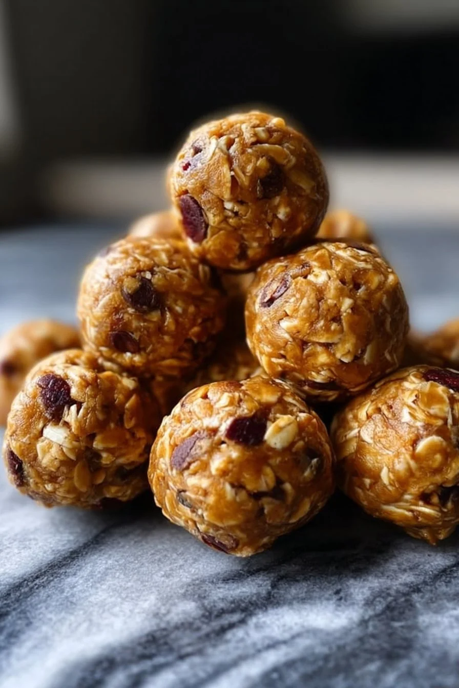 Healthy no-bake peanut butter energy bites stacked on a plate