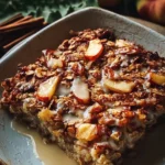 Delicious Oatmeal Apple Bake topped with sliced apples and cinnamon in a baking dish
