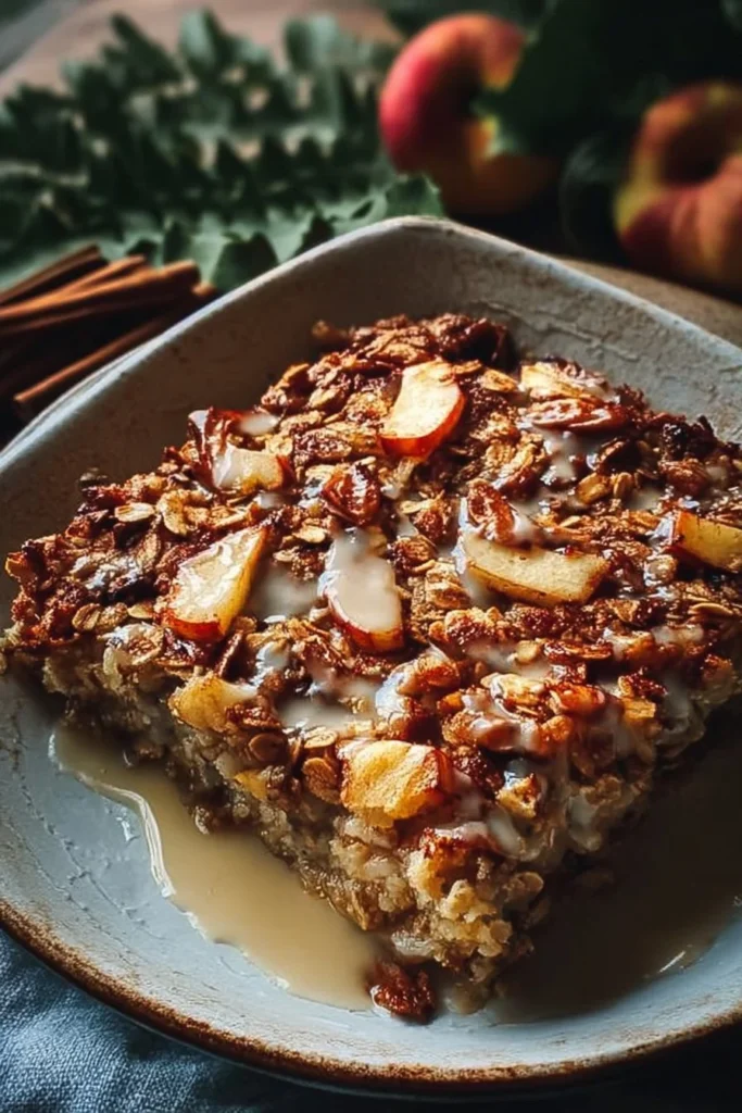 Delicious Oatmeal Apple Bake topped with sliced apples and cinnamon in a baking dish