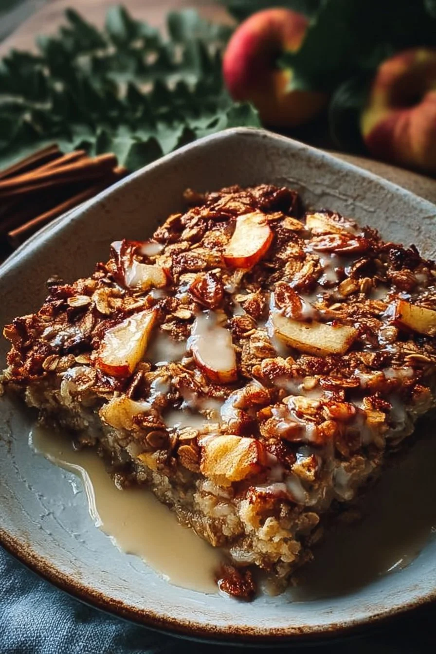 Delicious Oatmeal Apple Bake topped with sliced apples and cinnamon in a baking dish