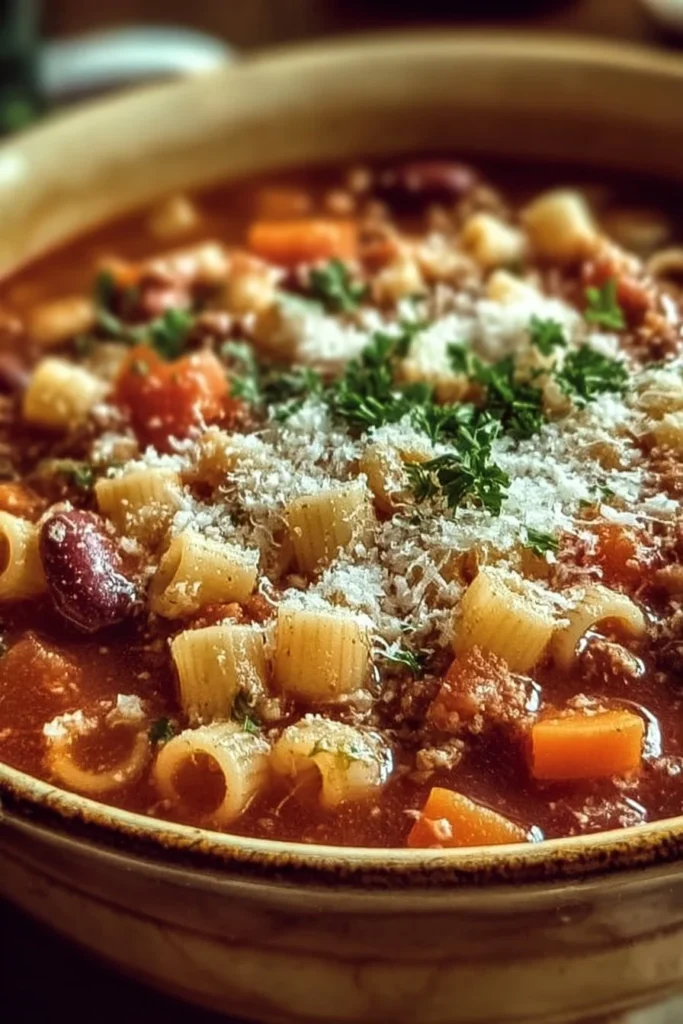 A bowl of Olive Garden Pasta with beans and herbs, showcasing delicious Italian cuisine.