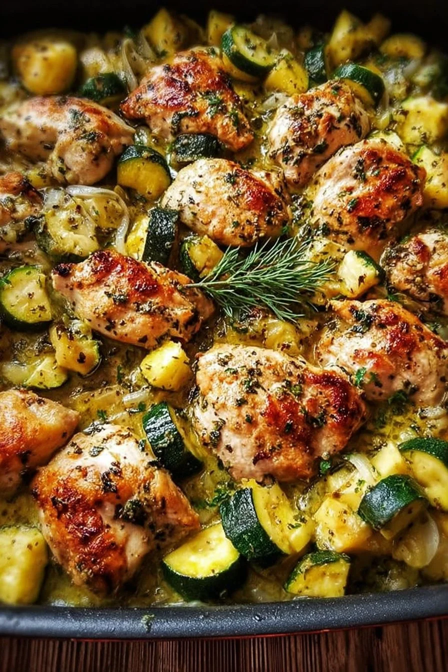 One-Pan Baked Chicken and Zucchini meal ready to serve.