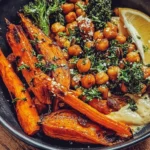 One-Pan Roasted Carrot and Chickpea Bowl served in a vibrant dish