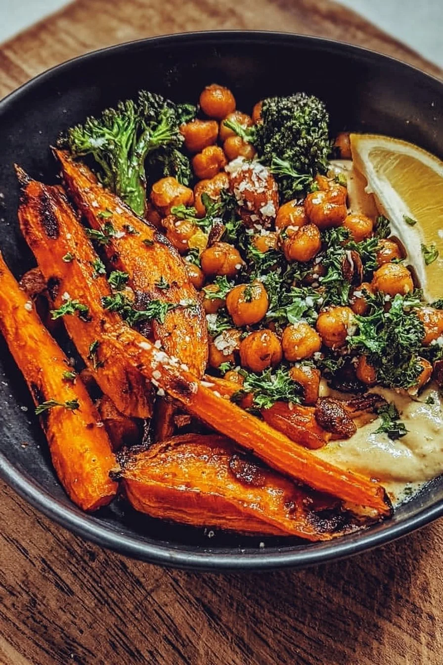 One-Pan Roasted Carrot and Chickpea Bowl served in a vibrant dish