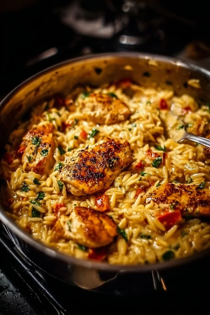 One-Pot Cajun Chicken Alfredo Orzo dish served in a bowl