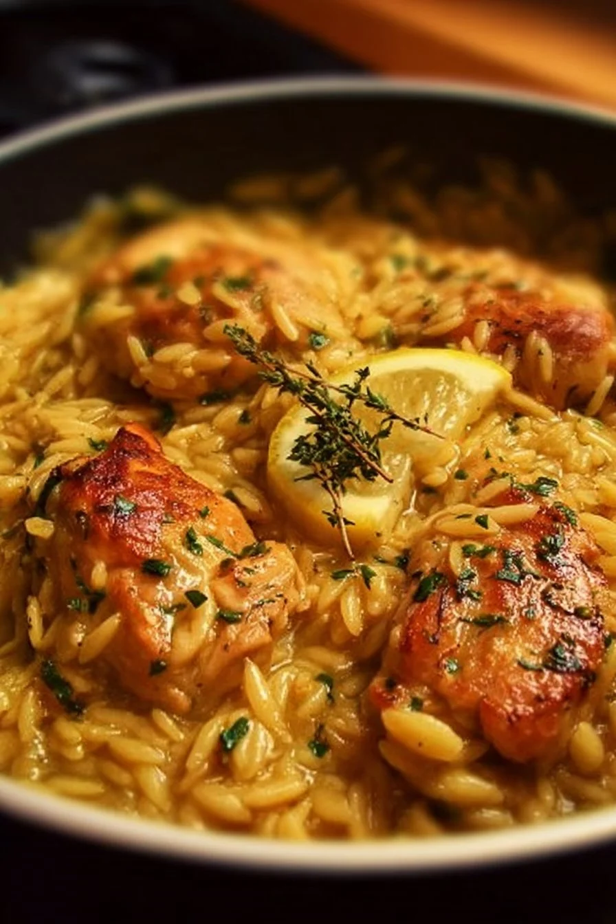 One-Pot Lemon Garlic Chicken Orzo served in a bowl with garnished herbs