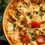 One Pot Queso Chicken and Rice garnished with cilantro in a skillet