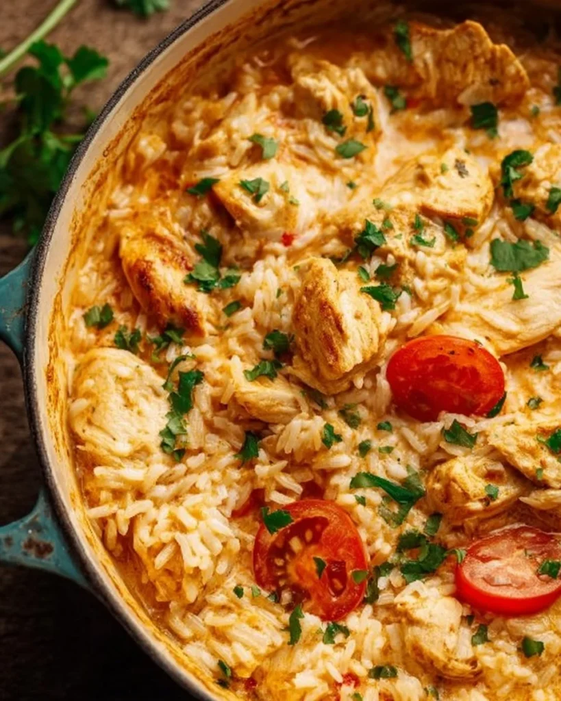 One Pot Queso Chicken and Rice garnished with cilantro in a skillet