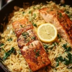 One Skillet Salmon with Lemon Orzo served on a plate