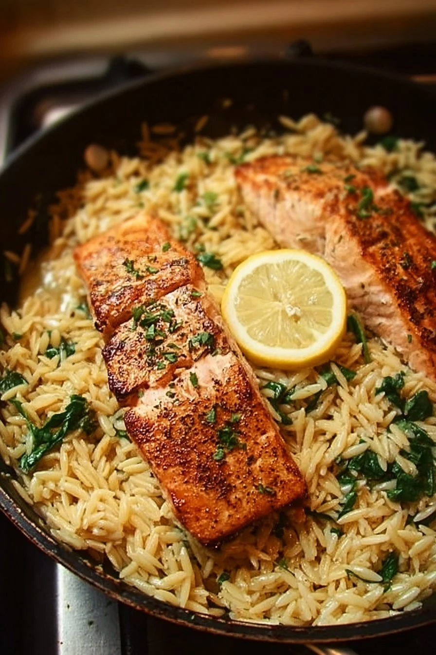 One Skillet Salmon with Lemon Orzo served on a plate