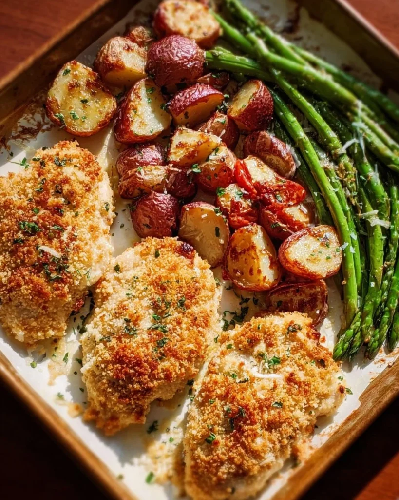 Parmesan Crusted Chicken on a sheet pan with colorful vegetables