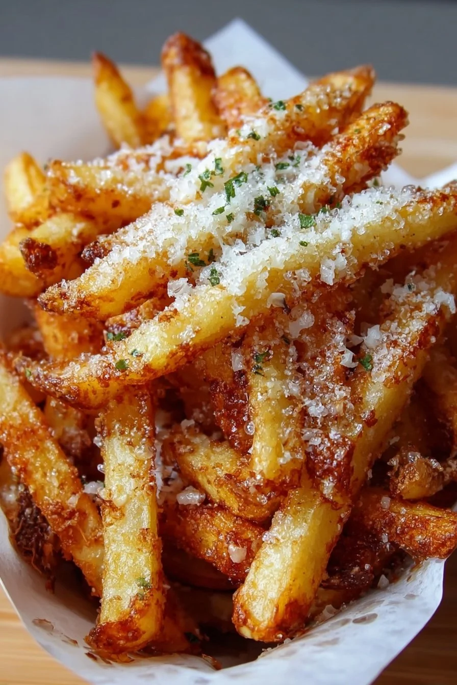 Delicious Parmesan Truffle Fries topped with cheese and drizzled with truffle oil