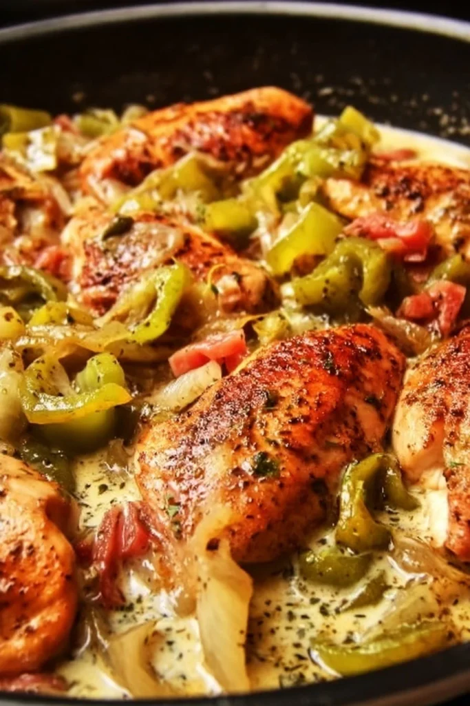 Pepperoncini Chicken Skillet meal in a one-pan recipe