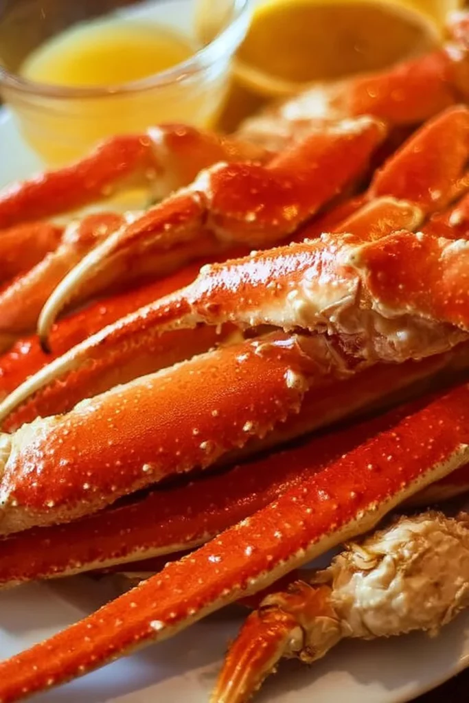 Deliciously cooked crab legs served on a platter with fresh lemon