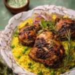 Delicious and flavorful Peruvian Chicken garnished with herbs and spices.