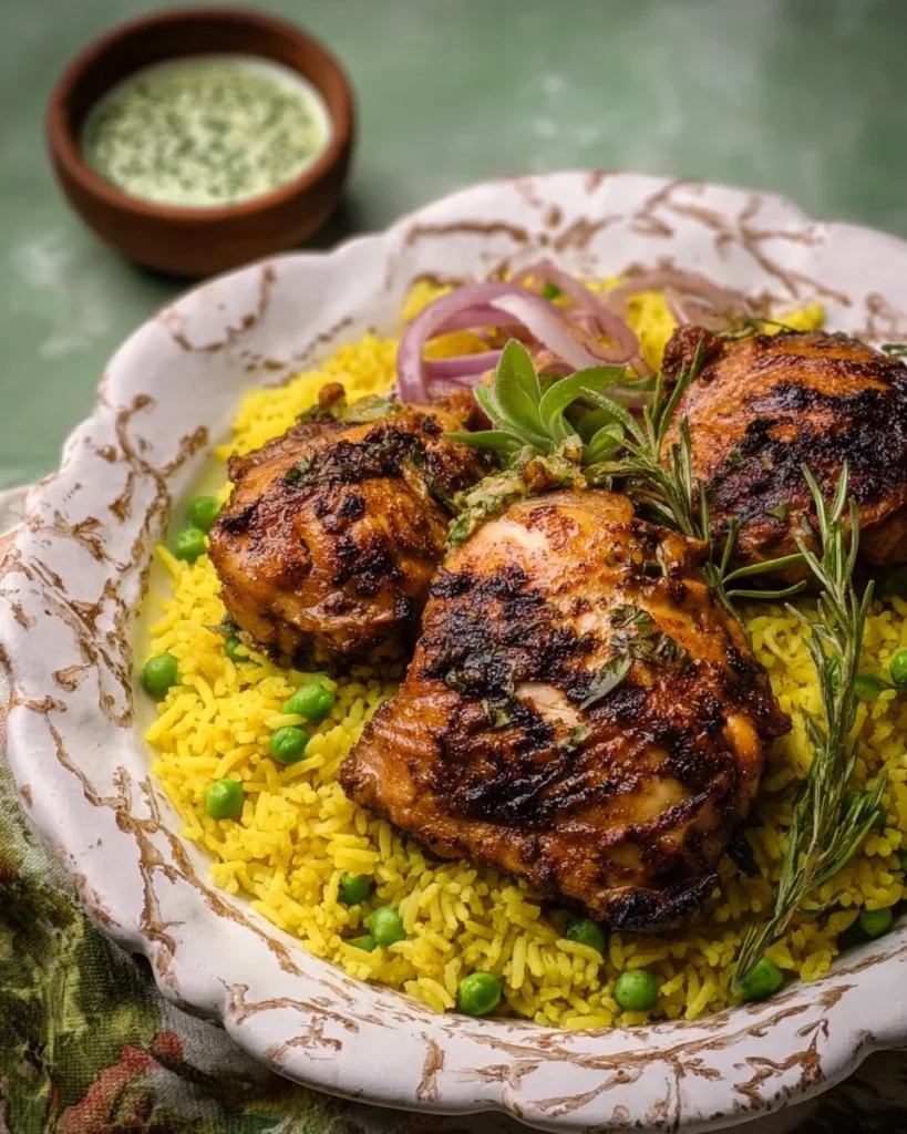 Delicious and flavorful Peruvian Chicken garnished with herbs and spices.