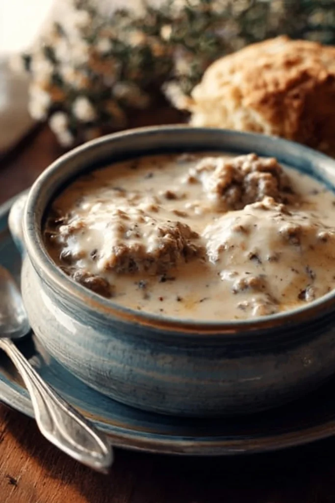 Delicious Pioneer Woman sausage gravy served over biscuits