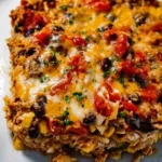 Delicious protein burrito casserole topped with cheese and veggies