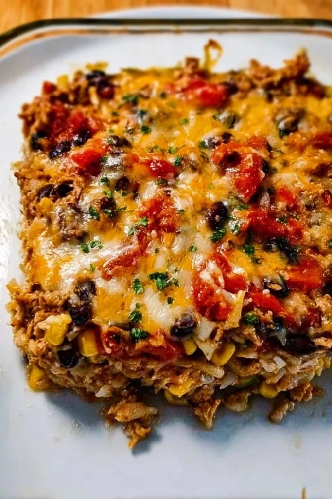 Delicious protein burrito casserole topped with cheese and veggies