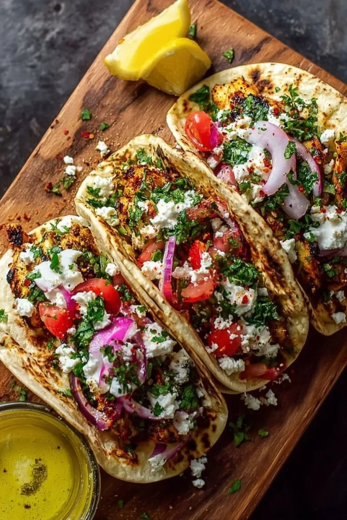 Delicious quick Mediterranean chicken tacos topped with fresh ingredients