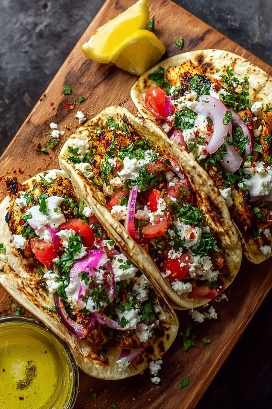Delicious quick Mediterranean chicken tacos topped with fresh ingredients