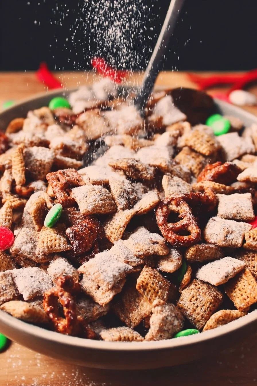 Bowl of Reindeer Chow festive holiday snack mix with colorful ingredients.