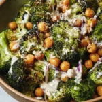 Roasted broccoli and chickpea salad drizzled with tahini-Parmesan dressing