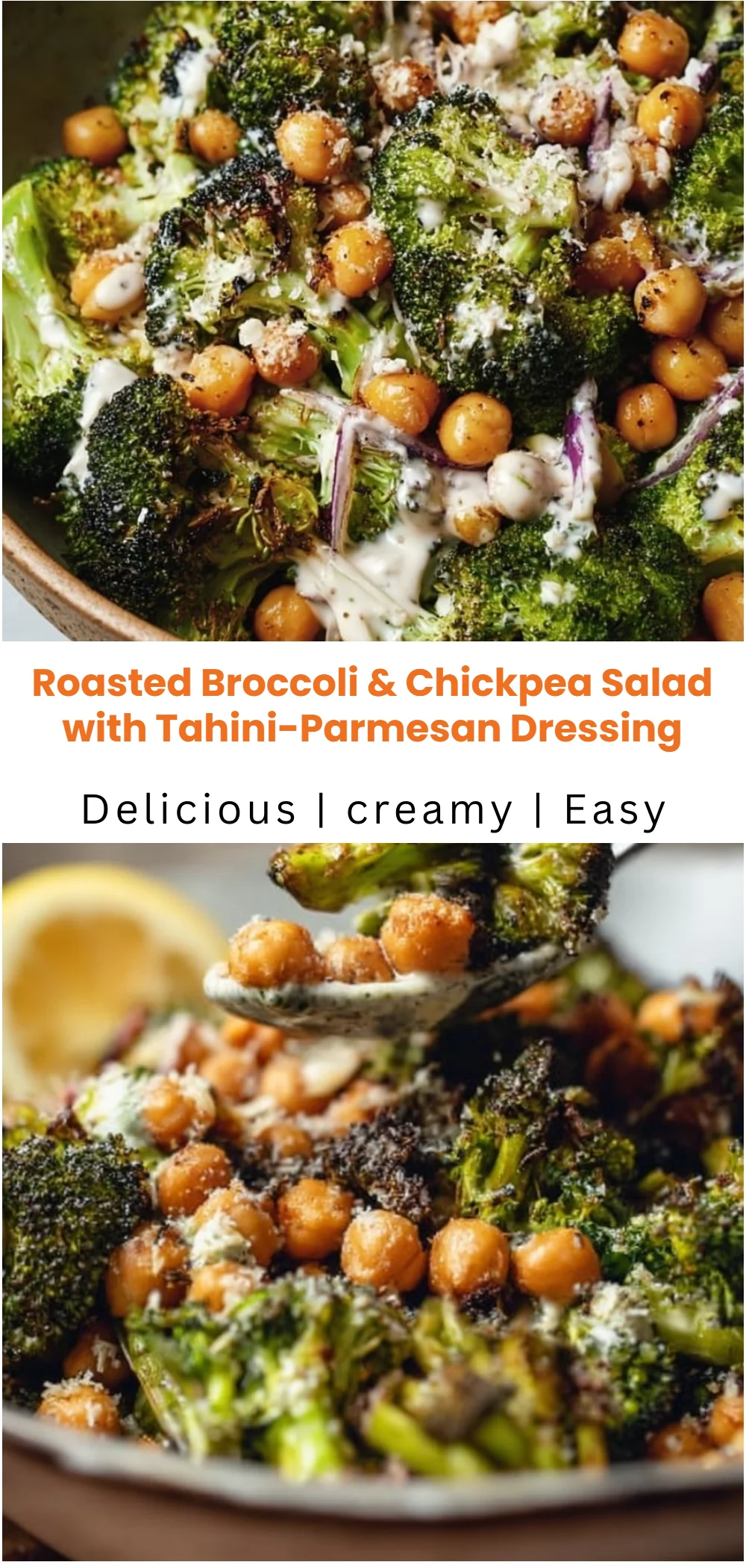 Roasted Broccoli & Chickpea Salad with Tahini-Parmesan Dressing